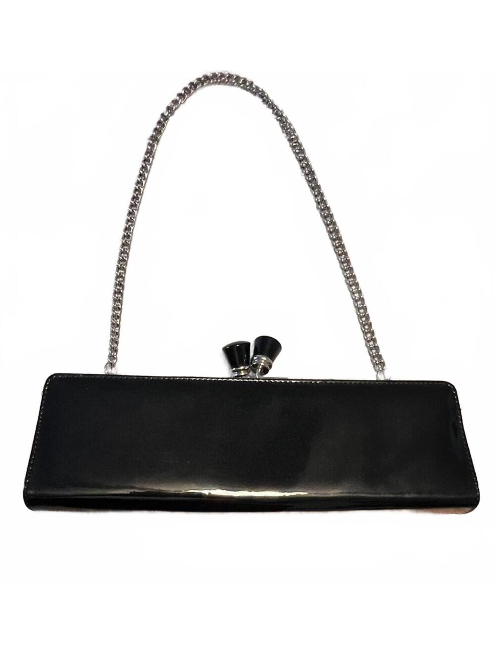 Aldo Blk Patent Kisslock Baguette Clutch w/Chain Whimsigoth Y2K Coquette Evening